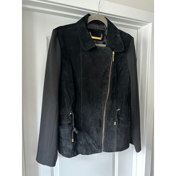 IMAN Global Chic Leather Faux Suede Moto Jacket Black Size Medium EUC - Picture 2 of 7